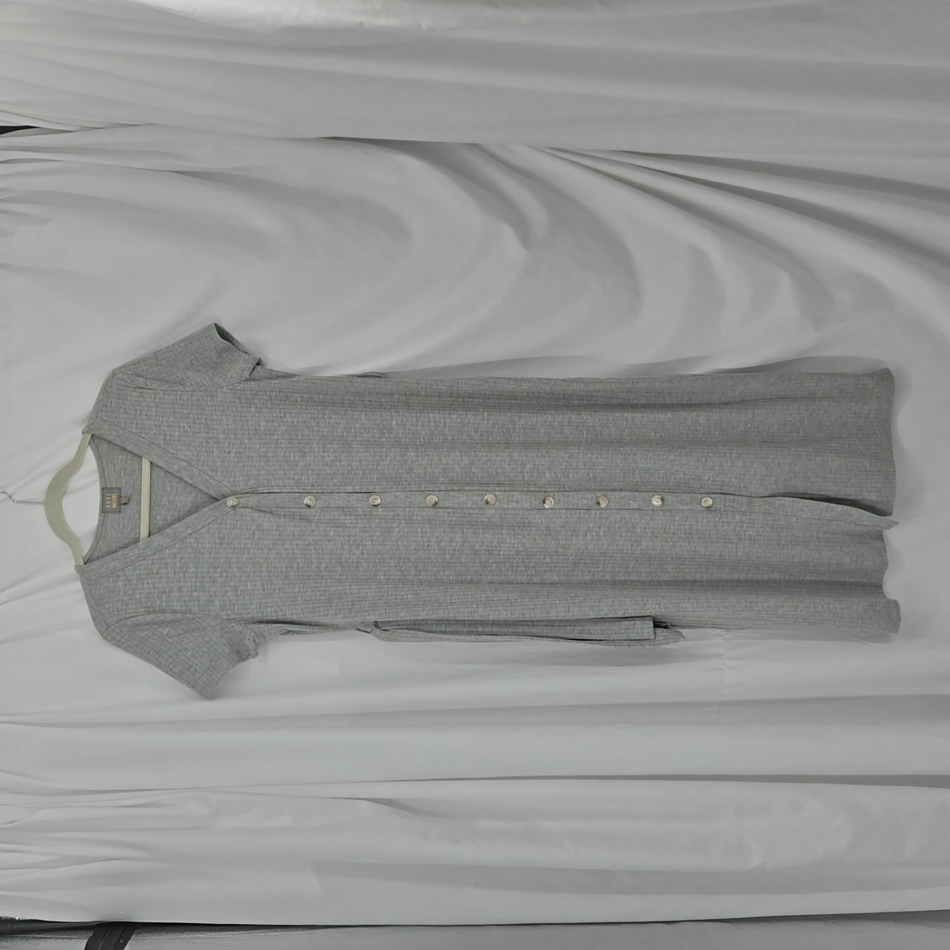 Dual Nature Gray Ribbed Button Front Short Sleeve Midi Belted Dress Size Large